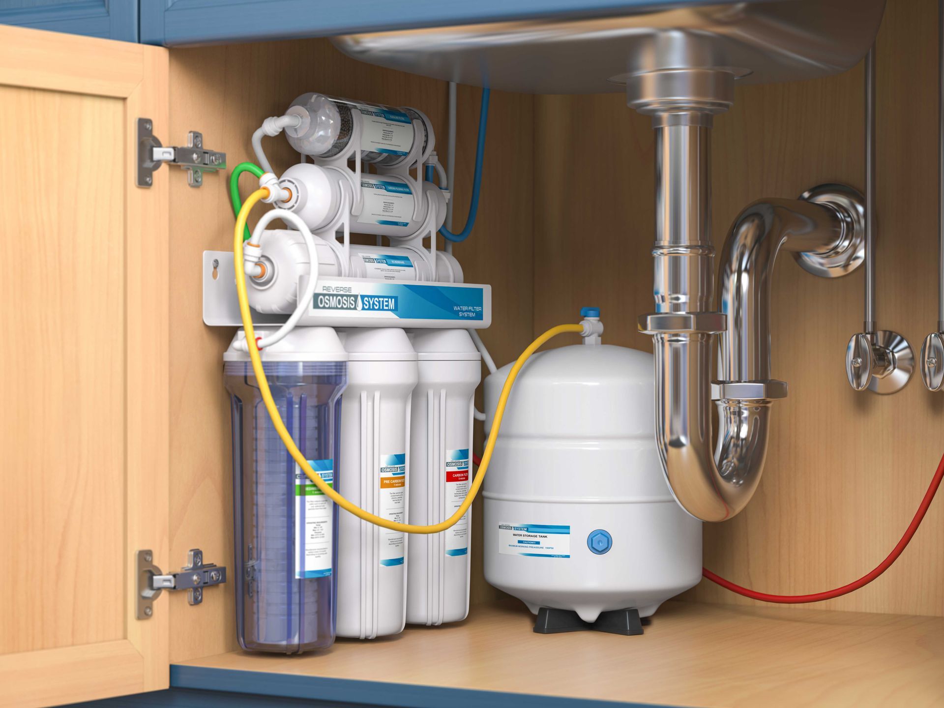 An under-sink reverse osmosis water filtration system